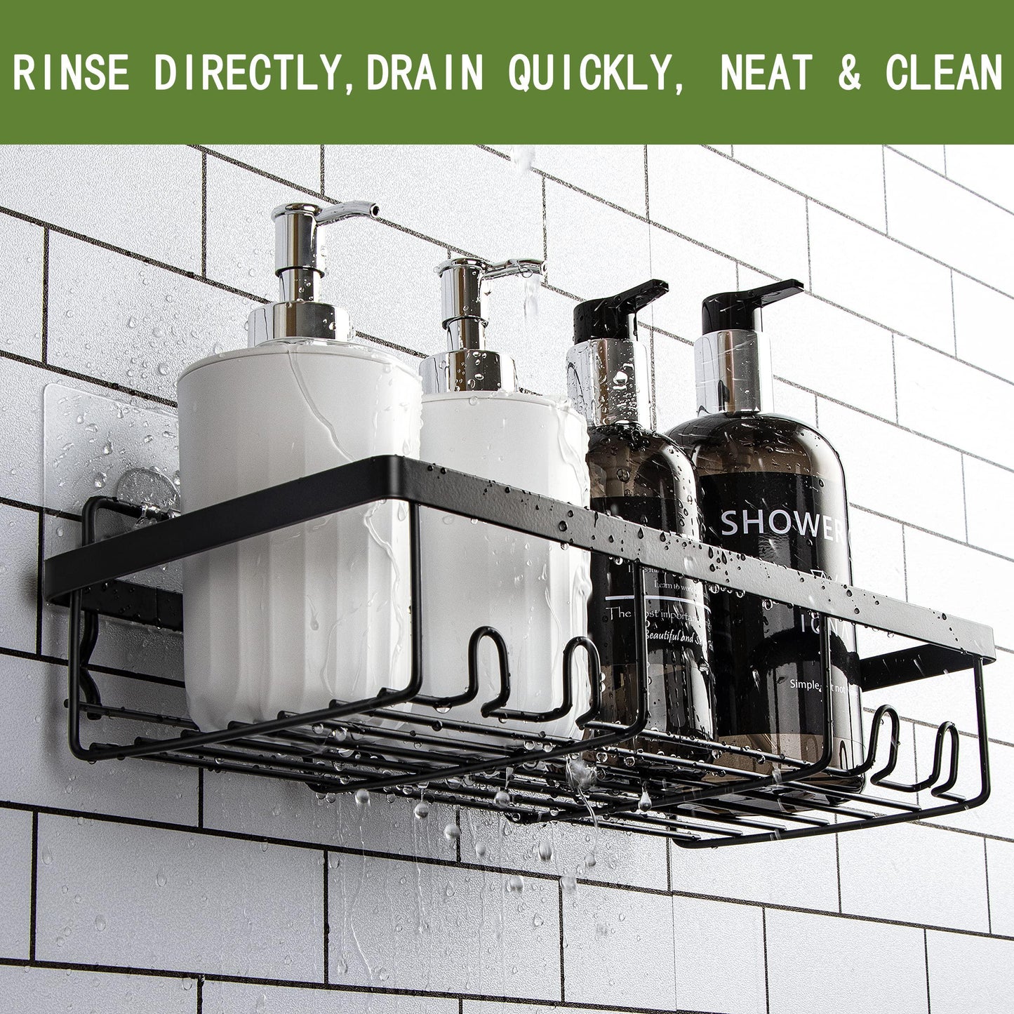 3-in-1 Wall-Mounted Bathroom Shelf – Black Shower Storage with Toothbrush & Soap Holders