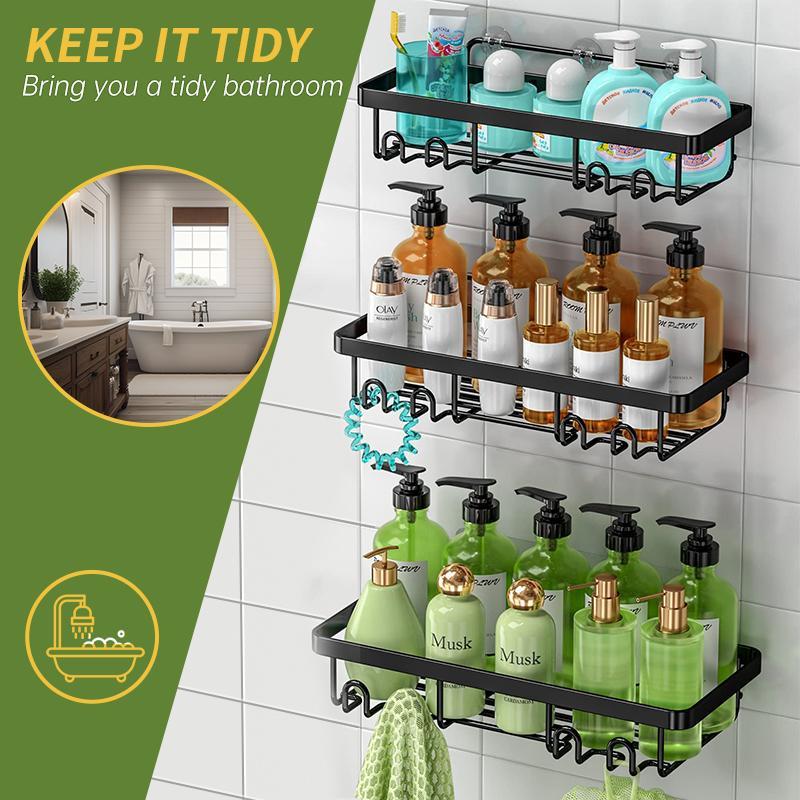 3-in-1 Wall-Mounted Bathroom Shelf – Black Shower Storage with Toothbrush & Soap Holders