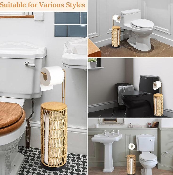 Freestanding Woven 3‑Roll Toilet Paper Holder – Boho Bathroom Stand 🧺