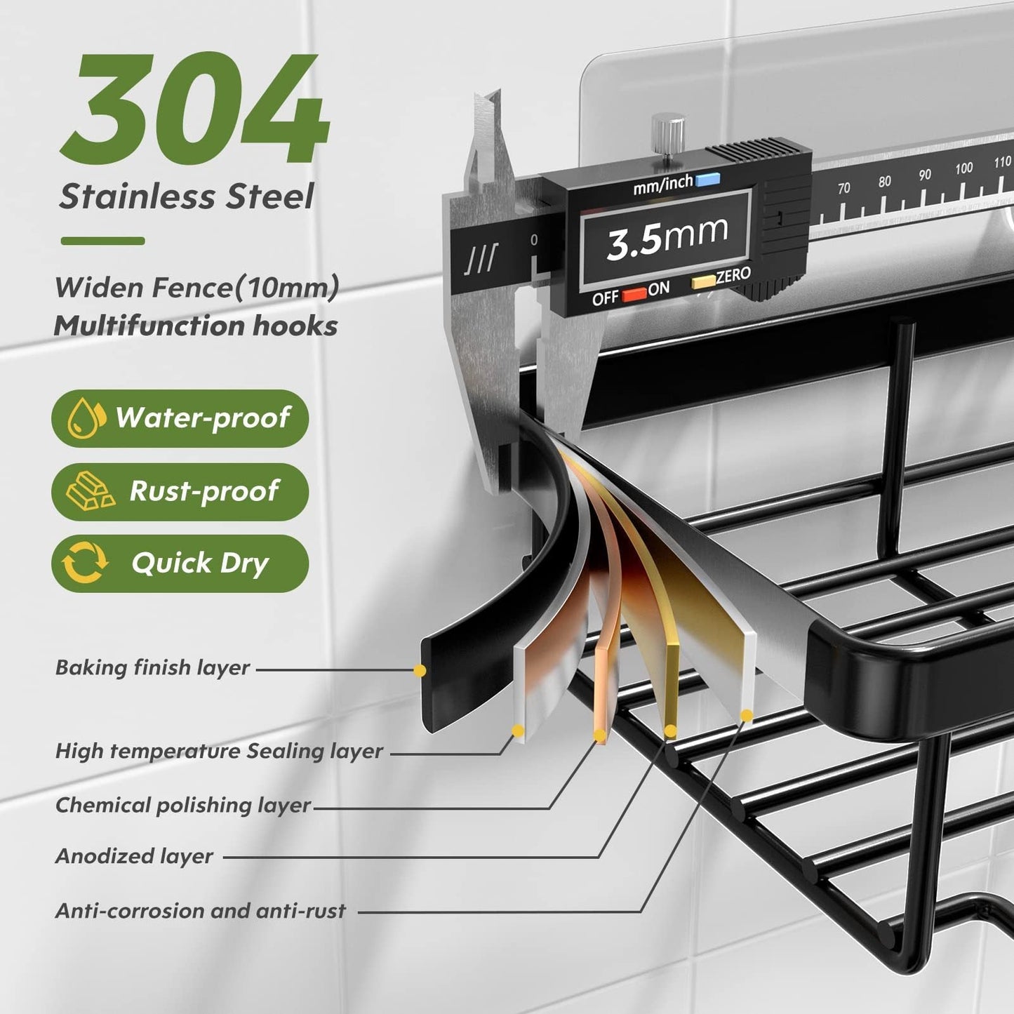 3-in-1 Wall-Mounted Bathroom Shelf – Black Shower Storage with Toothbrush & Soap Holders