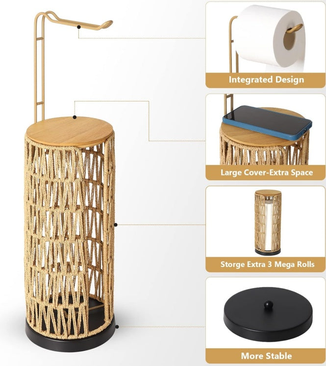 Freestanding Woven 3‑Roll Toilet Paper Holder – Boho Bathroom Stand 🧺