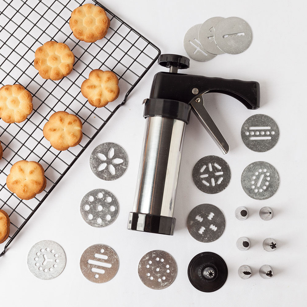 Stainless Cookie Press – 20 Discs + 4 Icing Tips, Easy‑Press