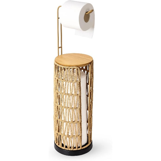 Freestanding Woven 3‑Roll Toilet Paper Holder – Boho Bathroom Stand 🧺