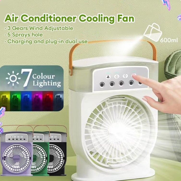 USB Portable 3‑in‑1 Air Cooler Fan – Mist Sprayer, 7‑Color LED Night Light & 600 ml Tank