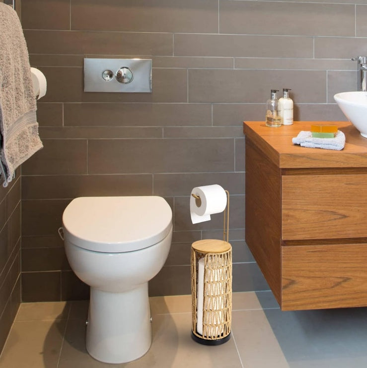 Freestanding Woven 3‑Roll Toilet Paper Holder – Boho Bathroom Stand 🧺