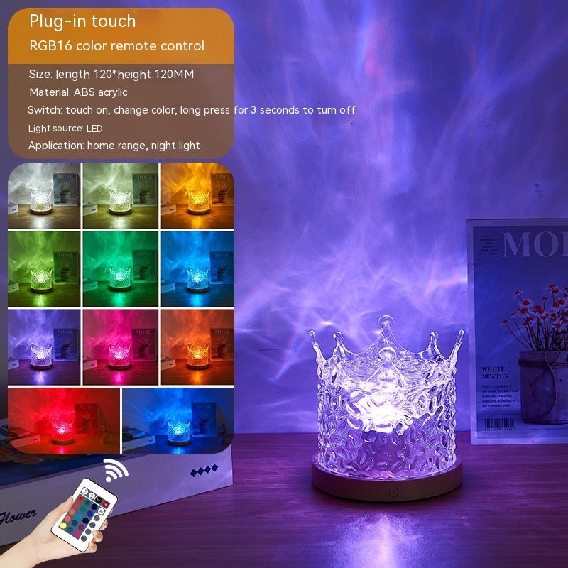 LED Water Ripple Ambient Night Light – USB Rotating Projection Crystal Table Lamp with 16 RGB Colors & Remote Control