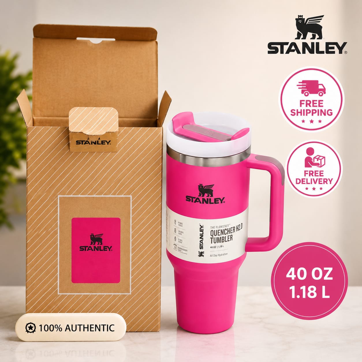 Stanley Quencher H2.0 Hot Pink Tumbler with Straw – 40 oz